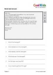 English Worksheet: READING COMPREHENSION SERENGETI 