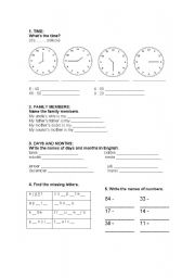 English worksheet: time, names of days, numbers