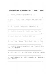 English Worksheet: Sentence Scramble-Level Two Vocabulary