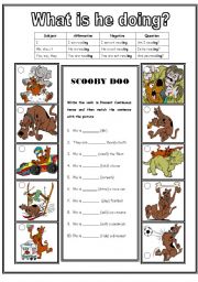 Scooby Doo  (2 pages) - Present continuous, match, cloze and description