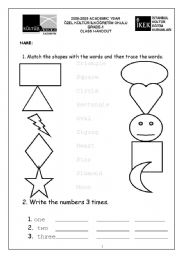 English worksheet: shapes,colours,numbers 