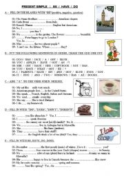 English Worksheet: PRESENT SIMPLE : be - have - do (positive, negative, question)