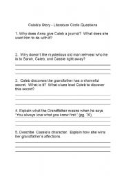 English worksheet: Calebs Story Literature Circle Activities