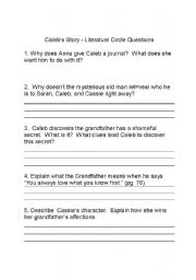English Worksheet: Calebs Story Literature Circle Activities