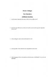 English worksheet: Movie Critique Questions-The Outsiders by S. E. Hinton