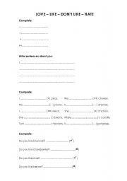 English worksheet: love-like-dont like-hate