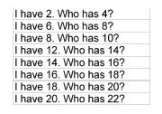 English worksheet: I have...who has even numbers game 2