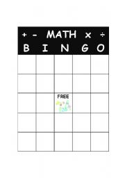 English worksheet: Math Bingo Sheet