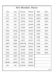 English Worksheet: R/L minimal pairs list