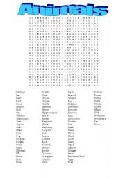 English worksheets: animals word search puzzle
