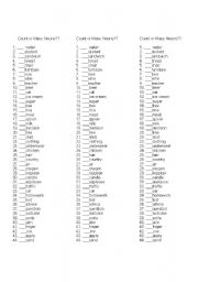 English Worksheet: Count or Noncount (mass)?? 