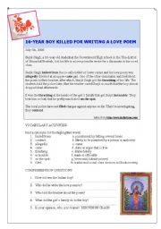 English Worksheet: 16-YEAR OLD KILLED FOR WRITING A LOVE POEM (READING)
