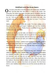 English Worksheet: Goldilock and the Three Bears