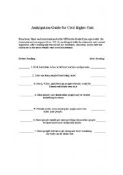 English Worksheet: Anticipation Guide for Civil Rights Unit