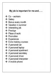 English worksheet: what is important for me about my job