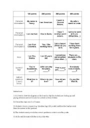 English Worksheet: Jeopardy- Basic questions