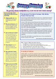 English Worksheet: Grocery Shopping- Do grocery stores manipulate us or are we our own worst enemies?