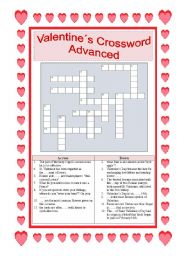 English Worksheet: Valentines Crossword for Advanced - with ANSWER KEY