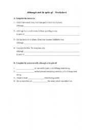 English worksheet: although and in spite of