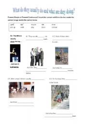 English worksheet: What do they usually do and what are they doing?