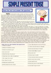 English Worksheet: SIMPLE PRESENT TENSE READING WITH 60 WH-QUESTIONS (2 PAGES)