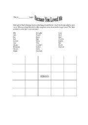 English worksheet: Because You Loved Me Past Simple BIngo