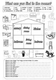 English Worksheet: What can you find in the rooms? (2)