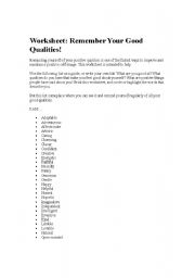 English worksheet: Worksheet: Remember Your Good Qualities!