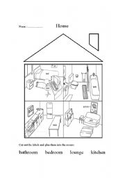 English Worksheet: House - Cut and Stick Room Names