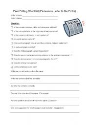 English Worksheet: Peer Editing Checklist (Persuasive Letter to the Editor)