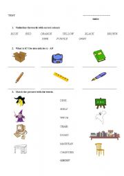 English worksheet: Colours, articles, vocabulary for young learners