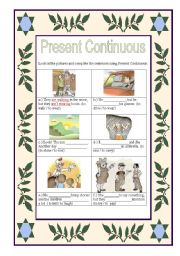 English Worksheet: Present Continuous - Look at the pics and complete the sentences.