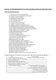 English worksheet: Execises to show the difference between the past simple and the present perfect tense
