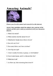 English worksheet: Amazing Animals Research and Presentation
