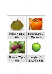 English worksheet: Fruit ´shopping game´ vocabulary cards