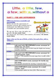 English Worksheet: Little, a little, few, a few, with a, without a (4 pages)+ answers