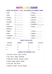 English Worksheet: THE DAYS OF THE WEEK - THE MONTS OF THE YEAR AND SEASONS