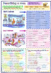 English Worksheet: Describing a room: prepositions, there is/ are