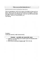 English worksheet: Countable or uncountable + what can you find behind the bar?