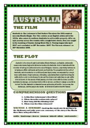 English Worksheet: AUSTRALIA the movie (READING COMPREHENSION/WRITING A SUMMARY)