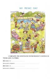 English Worksheet: MY PICNIC DAY. Present Continuos Tense, clothes and speaking activity (2 pages)