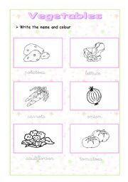 English Worksheet: VEGETABLES WRITE AND COLOUR ( 2 pages)