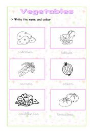 VEGETABLES WRITE AND COLOUR ( 2 pages)