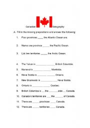 English worksheet: Canadian Geography and Preposition Worksheet