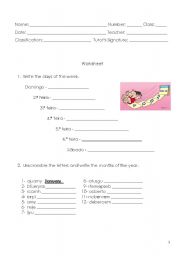 English Worksheet: Several topics (Days of the week, months, colours, family...)
