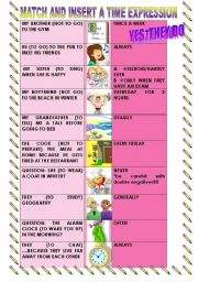 English Worksheet: REVISION of Present Simple structure: MATCH AND INSERT THE FREQUENCY ADVERB OR TIME EXPRESSION WHERE NEEDED