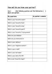 English worksheet: how well do you know your partner?