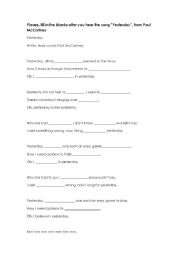 English worksheet: Fill in the blanks the song Yesterday, Paul McCartney