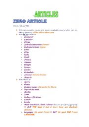 English worksheet: ARTICLES: ZERO ARTICLE