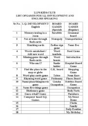 English Worksheet: List of games